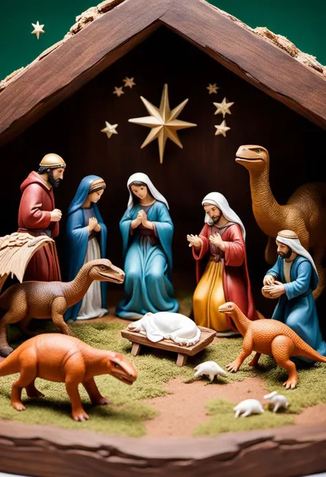 Close up shot of a nativity scene, but with dinosaurs