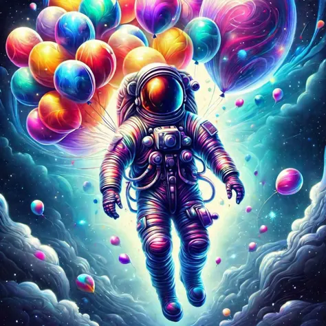 Creative illustration of an astronaut with colorful ballons, nebula, space, digital art style by dan mumford, alex janvier, high definition intricat details bright colors