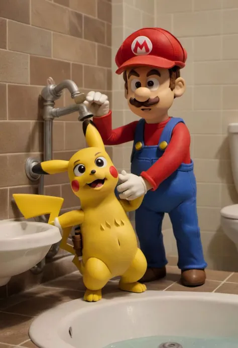 Claymation. Pikachu as Super Mario working as a plumber in the bathroom