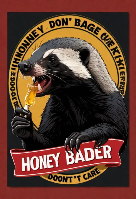 A honey badger, smoking joint, holding a sign text logo "Honey badger don't care"