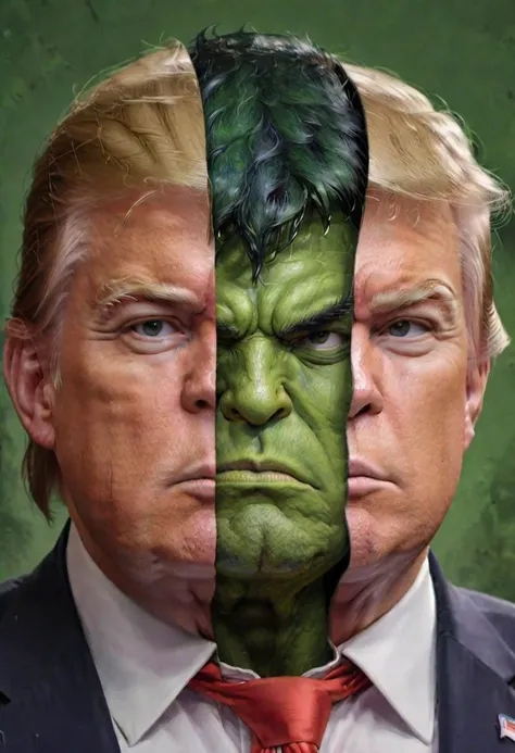 Split head and body of (Donald Trump) inside Hulk inside Donald Trump