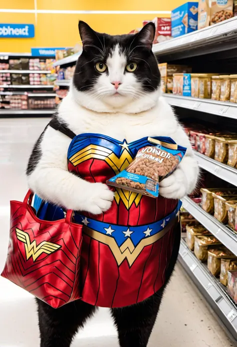 Photo of obese cat holding a bag of cat food at walmart, dressed as wonder woman