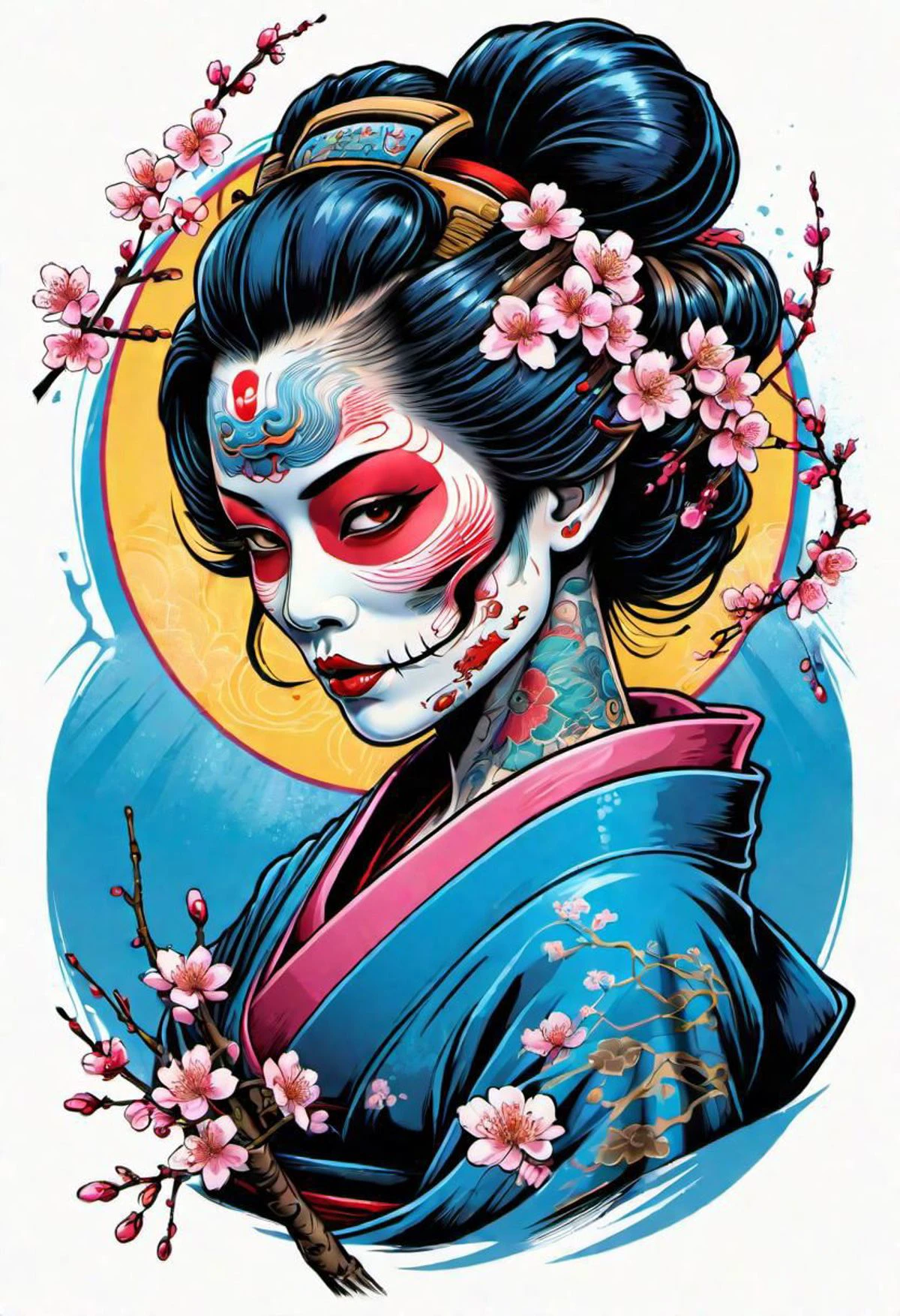 creative illustration of a tattooed geisha with gaz mask , cherry blossom, skulls, japanese writing, fantasy style by dan mumford, frank franzetta, sketch, white, electric pink, blue, red and yellow outlines, bright colors, logo style, negative space