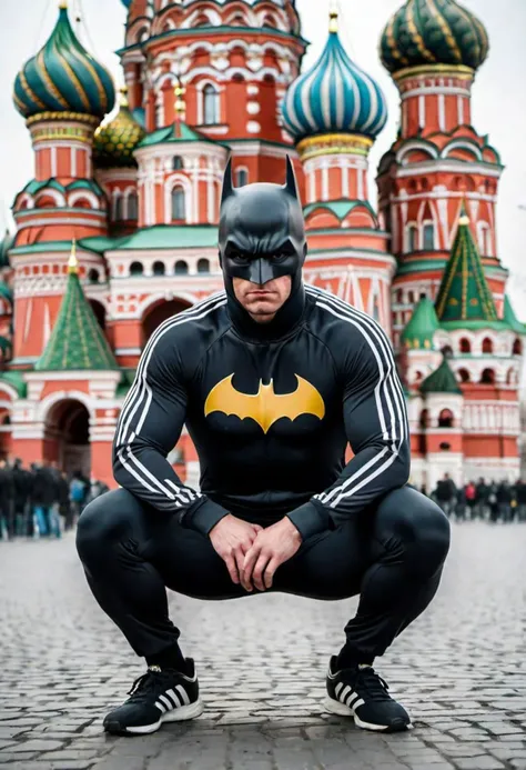 Batman in Adidas tracksuit squatting in Moscow
