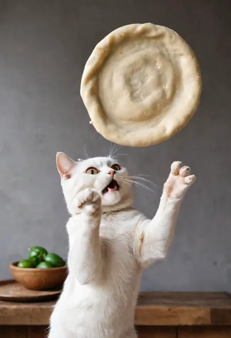 An Italian cat tossing a large disc shaped raw dough into the air