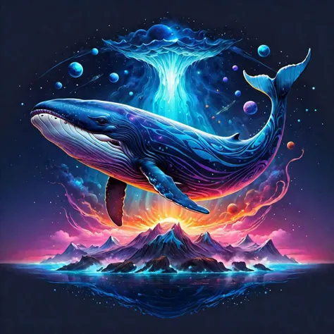 creative illustration of a blue whale, nebula, space, planets, , fantasy style by dan mumford, aex janvier, sketch, bold outlines, bright colors, high definition, intricat details, logo style, negative space