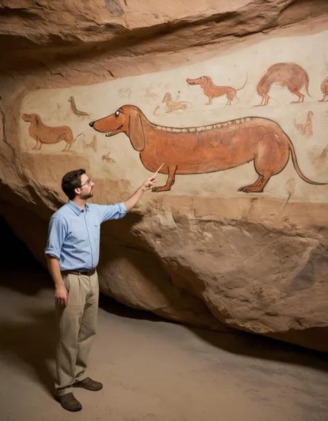 Paleontologist pointing at a cave painting of a giant wiener dog with tusks