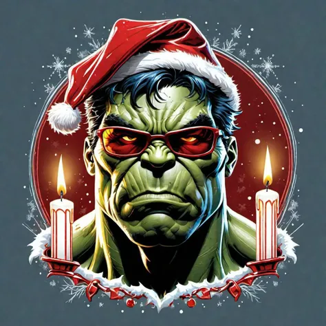 creative illustration of hulk portrait with a red christmas bonnet and cool sunglasses, candles, fantasy style by dan mumford, frank franzetta ,sketch, white, grey red, yellow and blue electric outlines,high definition, intricat details, bright colors, logo style, negative space set on a black background
