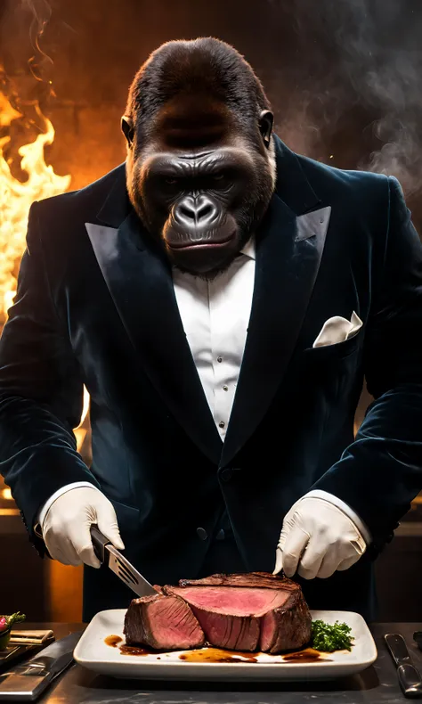 masterpiece, aesthetic, ultra detailed, Roland Gorilla in a suit cutting steak meat grilled medium well done, A suit made of velvet material that subtly reflects light, A beautiful steak that is well seared, with a hint of smoke and cooked to perfection, <lora:add-detail-xl:0.6> <lora:WildcardX-XL-Detail-Enhancer:0.8> <lora:JuggerCineXL2:1> , Cinematic Lighting