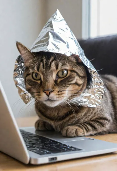 A cat wearing a tin foil hat, looking at a laptop screen.