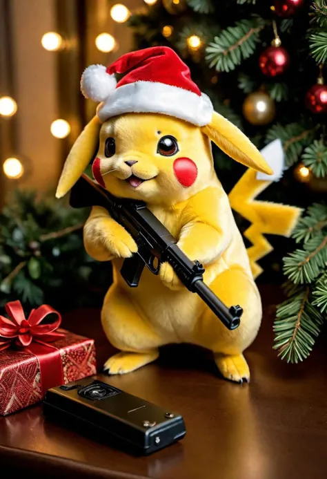 Photo of Pikachu as a hip mafia hitman, yellow Santa hat, holding a gun under a mistletoe decoration, art by J.C. Leyendecker, Canon 5d Mark 4, Kodak Ektar, neon light