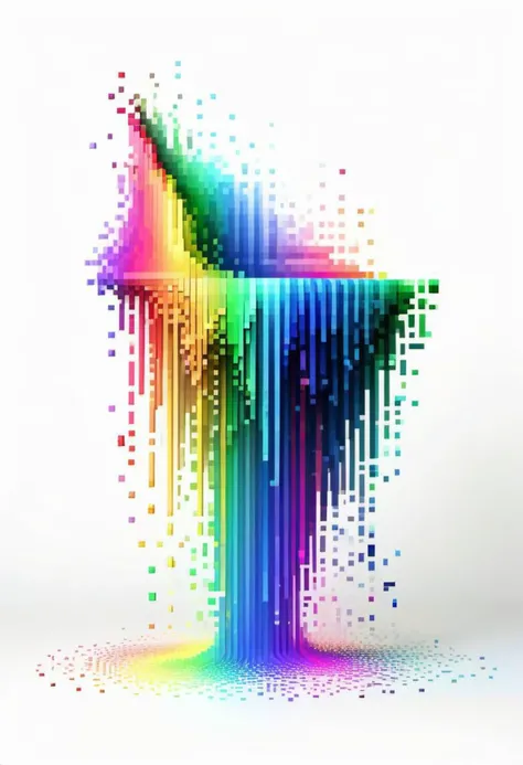 A cascade of waterfalls of rainbow-colored pixels that fall into the ground, dissolving into pixels. White background
