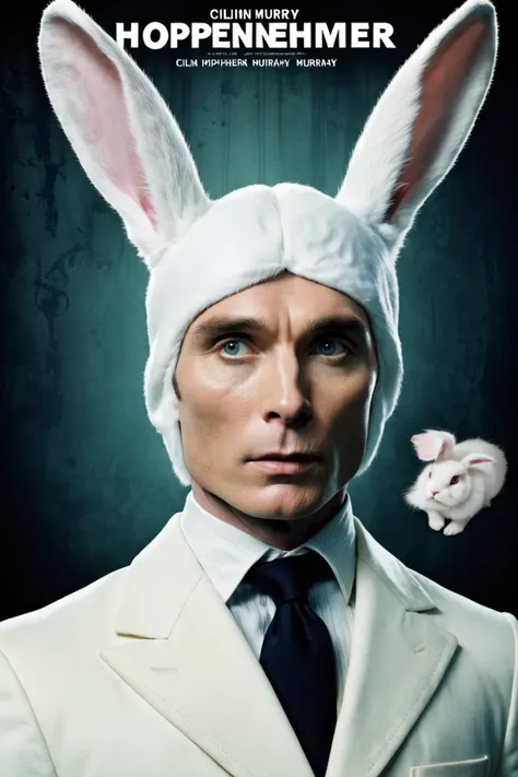 Movie poster page "Hoppenheimer" starring Cillian Murphy as a white rabbit. text logo "Hoppenheimer"<lora:EMS-251729-EMS:0.700000>