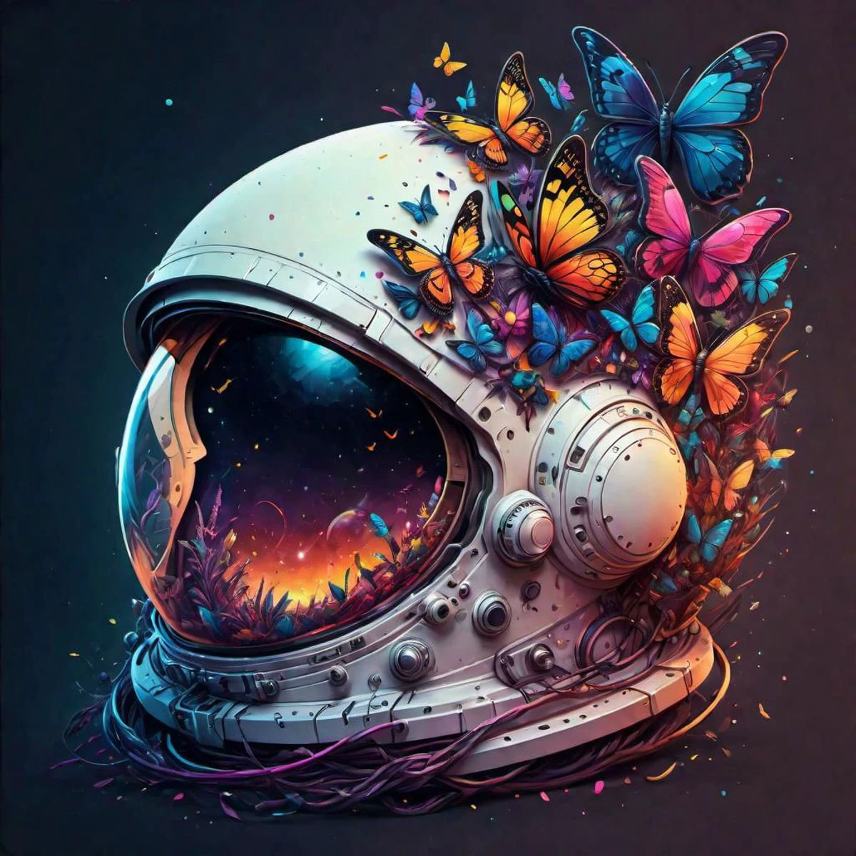 Creative illustration of an astronaut helmet surrounded by colorful butterflies, digital art style by dan mumford, alex janvier, high definition intricat details bright colors