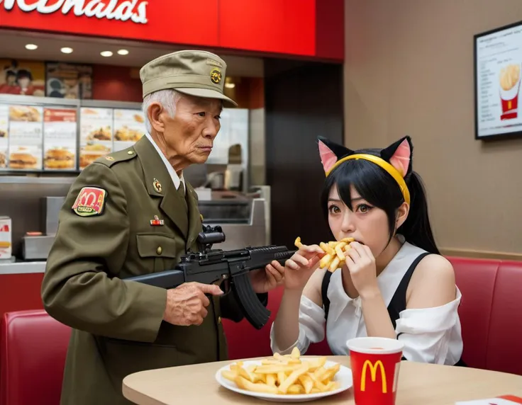 Profile of an elderly Japanese man, wearing a vintage military uniform and holding a machine gun. The background reveals a bustling McDonald's restaurant, with customers and employees going about their daily routine. The overall atmosphere of the photo is a mix of surrealism, humor, and a touch of nostalgia. Photo
BREAK
A Japanese cosplayer, dressed as a cat girl, who is seated at a McDonald's table. She is crying and frightened, eating fries, while the man watches her intently.