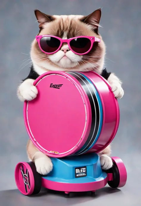 Grumpy Cat as pink mechanical toy wearing sunglasses and blue and black striped flip-flops that beats a bass drum bearing the Energizer logo.