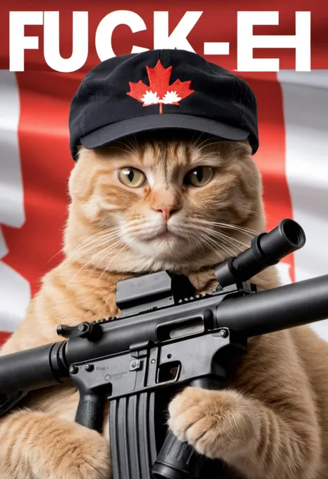 Photo of Cat wearing Cap holding a machine gun, Background Canadian flag that says "Fuck EH".