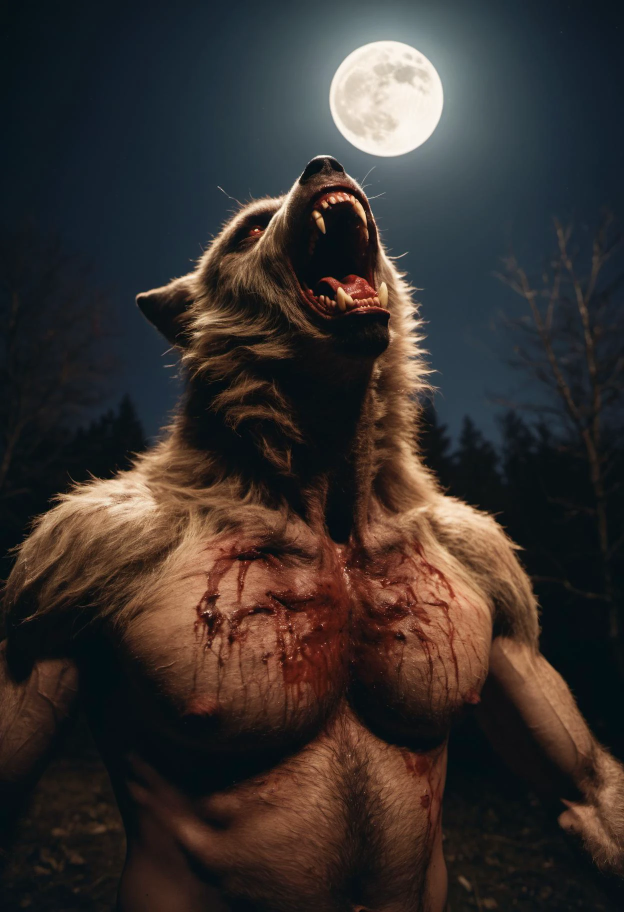 upper body Polaroid photograph of a fur covered muscular anthropomorphic werewolf howling under the full moon, covered in dried blood and filth, (fisheye lens:1.2), grainy, bad quality, motion blur, backlit