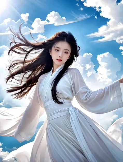 film still,film grain,cinematic,Raw format,ultrahigh-res,An ethereal woman in Hanfu dances among the clouds in the sky. She wore a pure white robe, light and fluttering, with long sleeves flowing in the wind. Wisps of mist swirled around her, and the strong (wind) blew her clothes and hair.She is flying on the clouds,Very long sleeves covering her hands, looking at viewer and facing viewer,very long black hair,floating in the air
<lora:PornMaster-Hanfu:0.7>