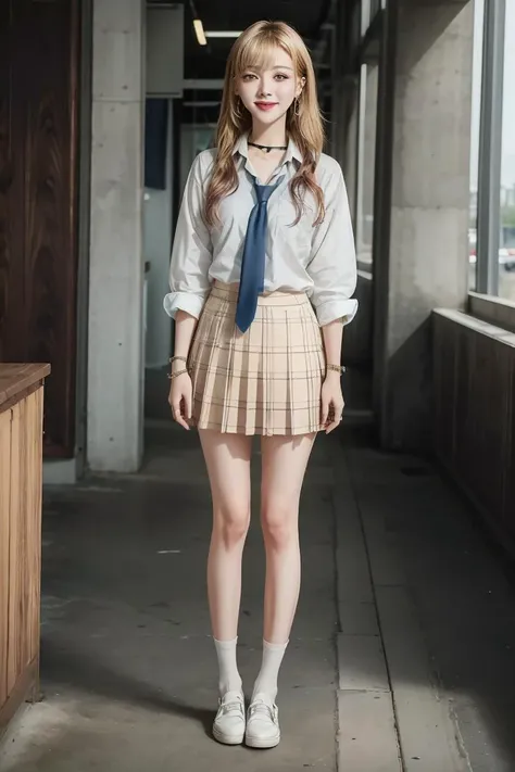 (masterpiece, best quality), 1girl,  <lora:OGT_Marin Kitagawa-v1:1> Marin Kitagawa, blonde hair, jewelry, solo, skirt, school uniform, choker, necktie, red eyes, ring, long hair, shirt, full body, smile, v, socks, black choker, bracelet, earrings, white shirt, piercing, brown footwear, black socks, looking at viewer, shoes, plaid skirt, pleated skirt, multicolored hair, tied shirt, loafers, ear piercing, grin, plaid, bangs, standing, blue skirt, colored tips