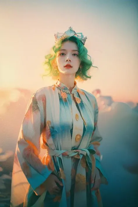masterpiece,best quality,32k uhd,insane details,intricate details,hyperdetailed,hyper quality,high detail,ultra detailed,Masterpiece,studio light,Harper's Bazaar,Kodak Portra 400,Halftone print,Chemigram,(peach and cyan lighting),blury background,depth of field,Phantom light,(backlighting:1.3),night,sky,1girl,solo,face,nose,(coat:1.2),aqua dress,(white hair:1.2)(yellow hair:1.4)(green hair:1.4),earrings,jewelry,lips,closed mouth,blue eyes,(Milky skin, shiny skin:1.3),french braid,crown braid,curvy,looking at viewer,hands in pockets,<lora:NobaraJK2:0.2:lbw=FACE36>,<lora:Phantom light_20230910194731:0.95:lbw=ALL>,
<lora:Ukiyo-e:0.545:lbw=U-e>,