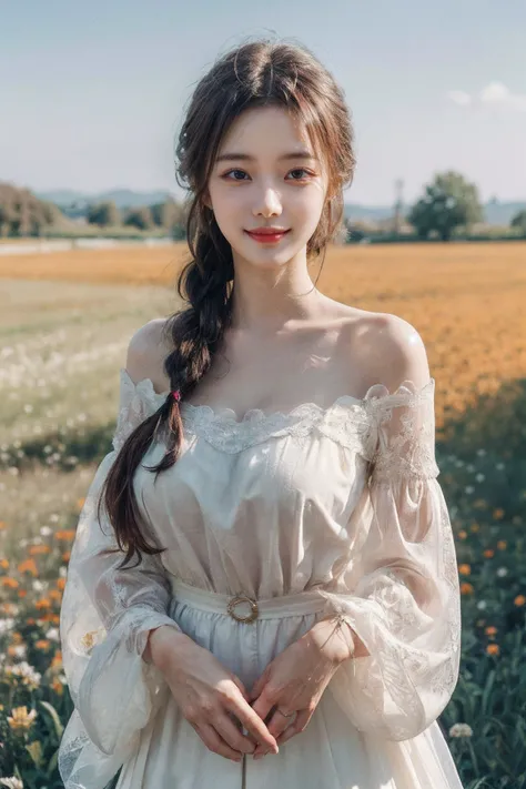 1girl,leogirl,tsurime,solo,(smiling,happy:1.25),(bright red lips,blush:0.8),huge breasts,(sagging breasts:1.2),braids,walking,pose,
(multicolored background,see-though high-waist lace chiffon dress with sleeves,huge ass bare thigh,off shoulder:1.2),<lora:add_detail:0.33>,<lora:epi_noiseoffset2:0.5>,<lora:FilmVelvia3:0.25>,
(dreamflower,multicolored_background,A melancholic autumn scene in a vast flower field,a gentle breeze rustling through the dry grass,fallen leaves scattered among the flowers,a bittersweet atmosphere,a moment of quiet contemplation,Soft and warm color palette,delicate brushwork,evocative use of light and shadow,subtle details in the wilting flowers,high contrast,color contrast),<lora:dreamflower:0.4>,<lora:FlowerGarden_v1:0.4>,butterfly,
masterpiece,official art,best quality,high quality,highres,natural light,ray tracing,volumetric light,realistic,photorealistic,ultra highres,vivid,nostalgia,bokeh,