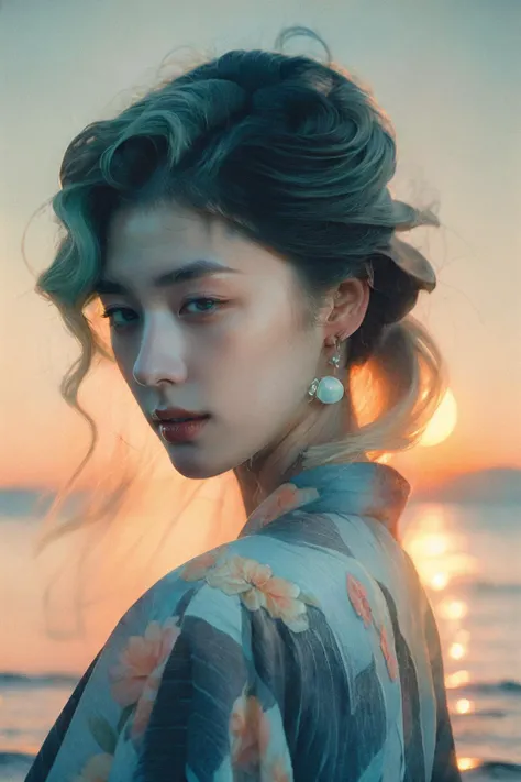 masterpiece,best quality,32k uhd,insane details,intricate details,hyperdetailed,hyper quality,high detail,ultra detailed,Masterpiece,The fleeting beauty of a sunset,day giving way to night,studio light,Harper's Bazaar,Kodak Portra 400,Halftone print,Chemigram,(Portrait shot with peach and cyan lighting Paul Zizka:1.3),Xu Beihong,Bertil Nilsson,blury background,depth of field,Phantom light,(backlighting:1.3),floral print,sunset,sky,ocean,1girl,solo,(white hair:1.2)(yellow hair:1.4)(green hair:1.4),earrings,jewelry,lips,closed mouth,blue eyes,(cowboy shot:1.4),(Milky skin, shiny skin:1.3)black kimono,veil,water,<lora:NobaraJK2:0.2:lbw=FACE36>,<lora:ç»ªå¿-æ¡éåå½±Phantom light:0.95:lbw=ALL>,
<lora:Ukiyo-e:0.245:lbw=U-e>,