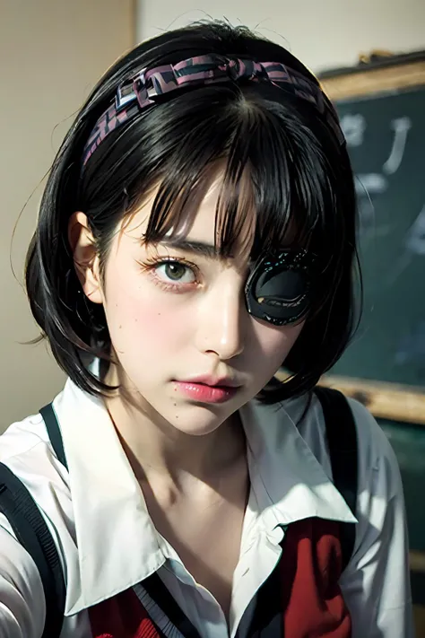 (best quality:1.1), (masterpiece:1.4), (absurdres:1.0), portrait, close-up
1girl, ikishima midari, short hair, black hair, white eyepatch, (looking at viewer:1.4), red school uniform, black skirt, classroom, (wide-eyed:1.2),
<lora:Kizuki - Kakegurui Ikishima Midari LoRA:0.85>
