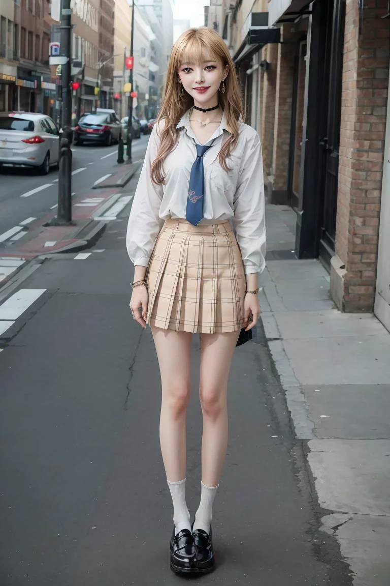 (masterpiece, best quality), 1girl, <lora:OGT_Marin Kitagawa-v1:1> Marin Kitagawa, blonde hair, jewelry, solo, skirt, school uniform, choker, necktie, red eyes, ring, long hair, shirt, full body, smile, v, socks, black choker, bracelet, earrings, white shirt, piercing, brown footwear, black socks, looking at viewer, shoes, plaid skirt, pleated skirt, multicolored hair, tied shirt, loafers, ear piercing, grin, plaid, bangs, standing, blue skirt, colored tips