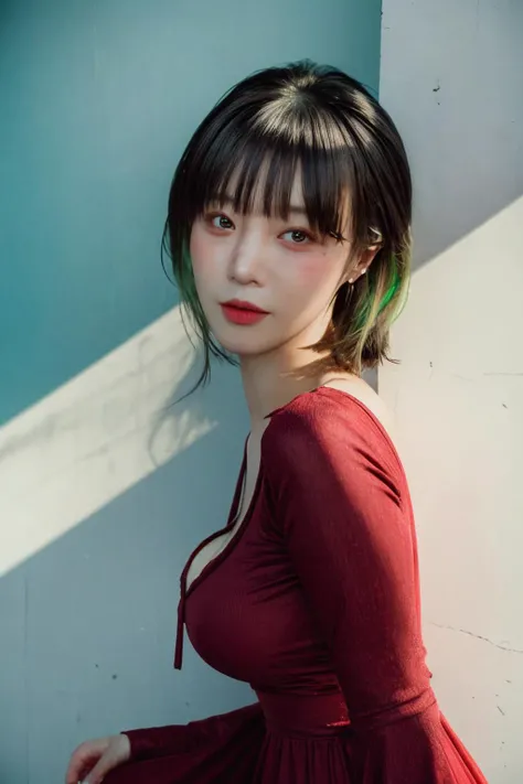 masterpiece,ultra-detailed,8k,best quality,detailed lighting,captured on film,(intricate details:0.5),Detailed,fFaceDetail,
solo,cowboy shot,close-up portrait,model photoshoot,(french braid:1.2),(green hair:1.2),(black theme:1.1),a stylish girl,silver eyes,red lipstick,red eye shadow,blush,(freckles:0.7),(21 years old:1.3),sexy,pure innocence,(light smile:0.7),whore vibe,in love,(simple red dress:1.2),breast,cleavage,midriff,labret piercing,seductive gaze,emotional,(blue:1.1) wall background,shallow depth of field,romantic setting,whimsical details,(dreamy pastel palette:1.2),Photorealistic,hetero,real shadows,dlsr,Rembrandt lighting,kodak portra 400,camera f1.6 lens,accent lighting,
<lora:AAG-baerasoni2:0.6825:lbw=baerasoni2>,
<lora:FaceSizeAdjuster:0.4>,<lora:more_details:0.4>,<lora:Ukiyo-e:0.565:lbw=U-e>,