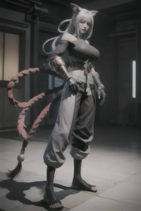 <lora:Qi_AoV_New:0.7>, <lora:add_detail:0.4>, qi_aov_new, 1girl, solo, grey eyes, grey hair, bangs, long hair, hair ornament, breasts, large breasts, looking at viewer, blue eyes, white background, animal ears, bare shoulders, standing, white hair, , pants, black pants, armor, lips, gauntlets, jewelry, braid, toes, anklet, tail, ass, realistic, (masterpiece),((ultra-detailed)), (highly detailed CG illustration),(expressionless), (best quality:1.2)