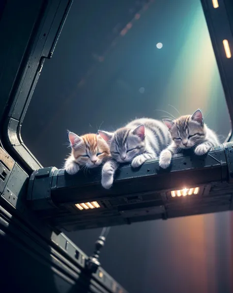 (masterpiece), (best quality:1.4), HDR, 8K, dramatic lighting, photorealistic, ((2 cute kittens are sleeping)), closed eyes, ((cute)), full body, mechanized equipment, (spaceship), science fiction, future world, looking at viewer, <lora:popularTrainedOnTheMost_v10:1>, space, nebula