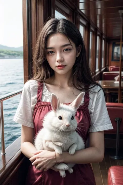 (masterpiece, best quality, hires, high resolution:1.2), extremely detailed, intricate details, highres, 30yo woman, holding a rabbit, vintage cruise ship