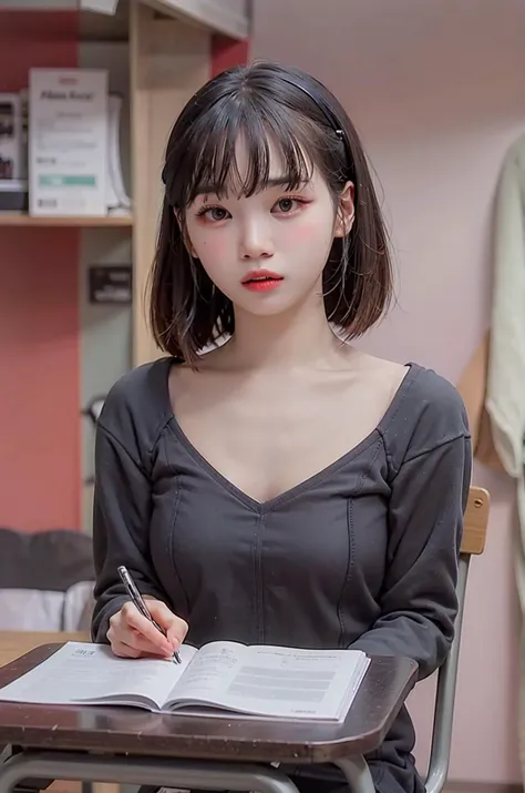 (masterpiece), best quality, ultra high res, classroom, school desk, school chair, chalkboard, window, school, cinematic lighting, school uniform, small breasts, photorealistic, realistic skin, HDR, fisheye, <lora:lsfChaewon_beta:1> lsfchaewon,