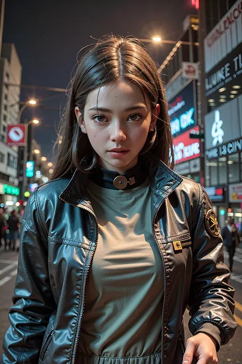 (masterpiece), best quality, ultra high res, close up portrait, walking pose, cyberpunk style, 1girl,(oversized yellow jacket),long hair, night city,(neon lights), photon mapping, radiosity, physically-based rendering, cinematic lighting, intricate, High Detail, Sharp focus, dramatic, photorealistic