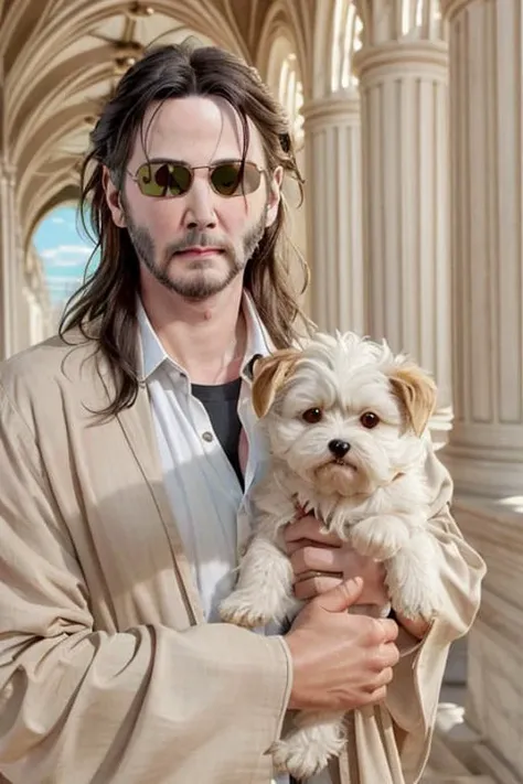 (close up portrait, facing viewer), 1 male, ((Keanu Reeves with aviator glasses)), ((long hair, beautiful beard)), biblical saint, holy robe, holy halo, holding a (white maltese happy puppy) , dramatic lighting, masterpiece,