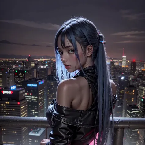 (masterpiece), best quality, ultra high res,little girl, 1girl,hoodie,blue hair, very long hair, off shoulder, feather hair ornament, neon colors, flashes, cyberpunk, stunning cityscape,stunning night sky, cinematic lighting, photorealistic, realistic skin, HDR