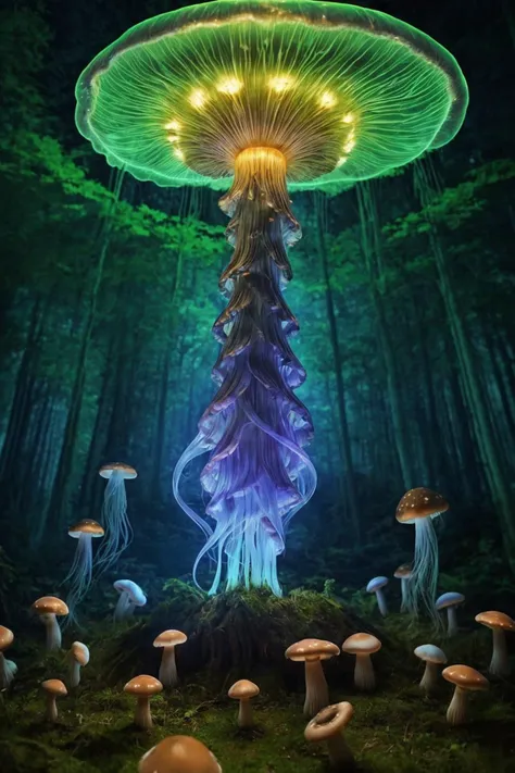 A jellyfish forest with mushrooms glowing in the dark, a forest fantasy in a nature scenery