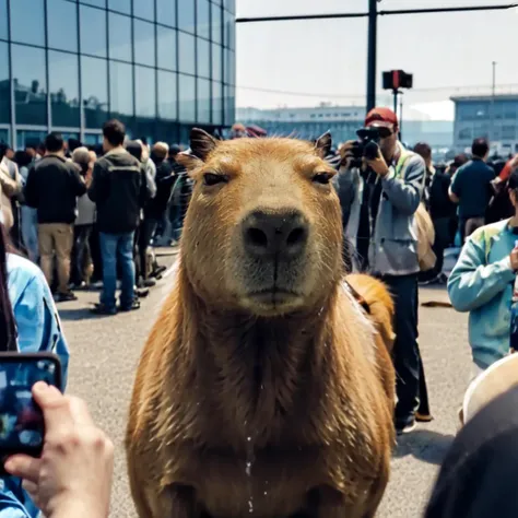 masterpiece, best quality, photorealistic, (capybara), a few people are taking photo of a (capybara), pov,realistic,crowd,multiple girls,multiple boys, coslplay, photo background, <lora:capi-09:0.75>, <lora:de:1>