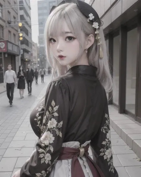 highres,masterpiece,best quality,extremely detailed,nsfw,1girl,city, street,arms behind back, eye focus, hanfu, white hair, <lora:cuteKoreanGirlLora_cuteKoreanGirlLora:0.5>