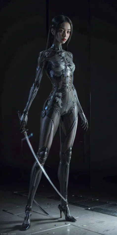 1girl, stand, full body, high heels, (katana, holding katana), empty street, an android with transparent body, transparent skin, transparent muscles, white endoskeleton, glowing eyes, casual smile, (cyberpunk), long hair, masterpiece, best quality, , In a traditional coffee shop