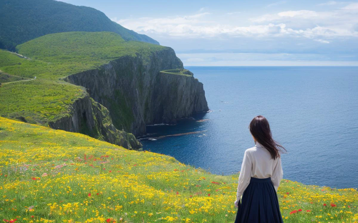 masterpiece,best quality,extremely fine and beautiful,perfect detailed,best illumination,best shadow,an extremely delicate and beautiful,HDR,(Cloud gap light:1.2),bloom,Chromatic Aberration,Photorealistic,extremely detailed,
The picture shows a rugged,wind-beaten cliff that looks like a headland and cliff.There were a vibrant field of flowers at the headland,a young girl stands on a cliff at the edge of a promontory,looking down on the vast sea from above,wearing grace detailed clothes,a gentle breeze stirring her hair,hair blowing with the wind,skirt blowing with the wind.Mystical nature,sunlight casting a warm glow on her hair.,
She gazes out to sea with endless yearning and unwavering faith in her heart,and the seasons around her change,and time passes from spring to winter. Against the backdrop of a dramatic and lonely landscape,the atmosphere is a blend of hope and melancholy,and the girl's expression reveals deep longing and sadness.,<lora:飿 ¼velvia-000001:0.7>,