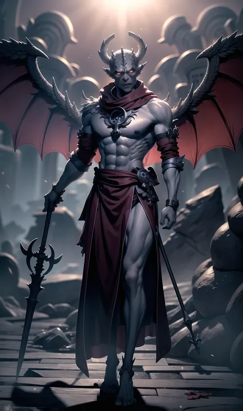 (extremely detailed 8k wallpaper),a full body shot photo of a fearful undead grey gargoyle necromancer holds in left hand a mace with a skulltop and in the right hand he holds a shield,2 Wings, intricate, high detail, dramatic