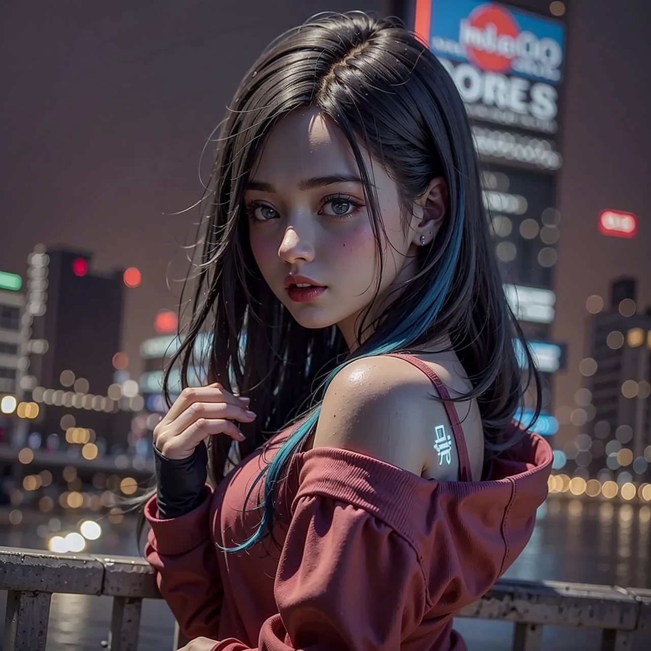 (masterpiece), best quality, ultra high res, girl, 1girl,hoodie,blue hair, very long hair, off shoulder, feather hair ornament, neon colors flashes, cyberpunk, stunning cityscape,stunning night sky, perfect lighting, photorealistic, realistic skin
