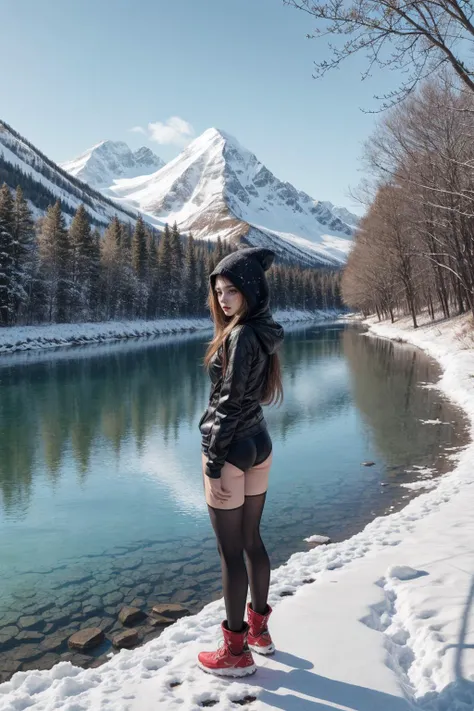 (masterpiece), (best quality:1.4), absurdres, [:intricate details:0.2], 1girl, tree, snow, bare tree, solo, hood, outdoors, water, mountain, micro bikini, long hair, standing, scenery, winter, lake, looking at viewer, day, road, sky, branch, full body, reflection