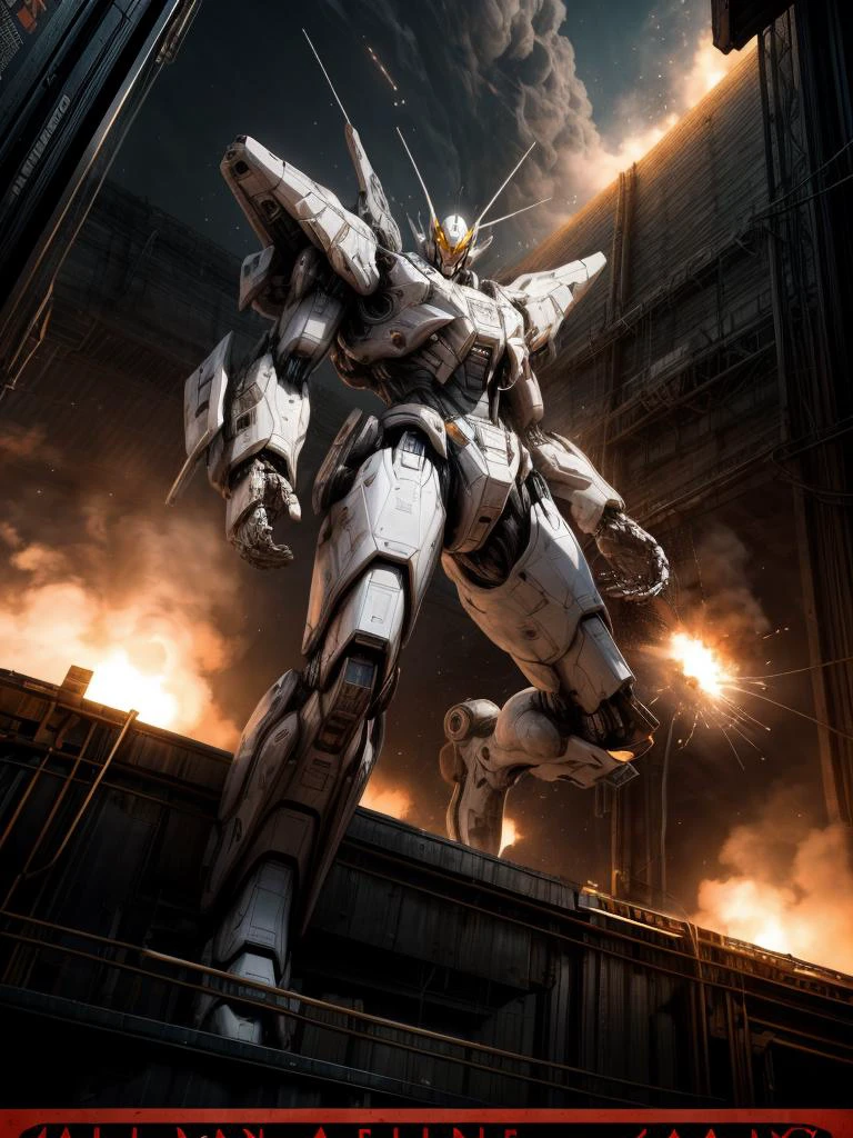 masterpiece, best quality, extremely high detailed, photorealistic, intricate, 8k, HDR, wallpaper, cinematic lighting, (((movie poster))), Mecha, from below, spaceship above, explosions in the sky, dutch angle, , <lora:Mecha:1>, science fiction,