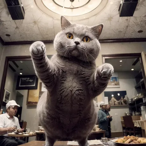 ((((masterpiece)))), ((((highly detailed)))),[[[realistic art]]], high detail, Chartreux, cat , Jumping from above,  <lora:Chartreux_v2:1>, restaurant, dinner table, foods, night, dramatic light, from below