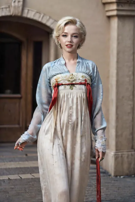 <lora:marilynmonroe:0.3> marilynmonroe,
1girl, blonde, blue eyes, (blonde hair, curvy hair, red lip:1.4),solo, walking, looking at viewer, medium breasts, mature women, seductive smile, masterpiece, absurdres, high quality, intricate details,
<lora:tangStyle5:1:CLOTHING>