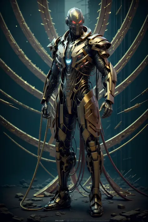 best quality, masterpiece, (photorealistic:1.4), <lora:AndroiDD-02:1> BiopunkAI of cyborg, gold armor, angry, evil look, bad ass, future, stronger, 1 men, neon light, full body:1.4, high details:1.7, , detailed, intricate, <lora:BioPunkAI:1>