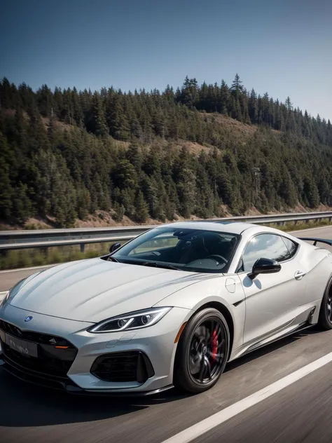 (masterpiece), (best quality:1.4), absurdres, futuristic luxury gray sports car driving down a highway near a beach